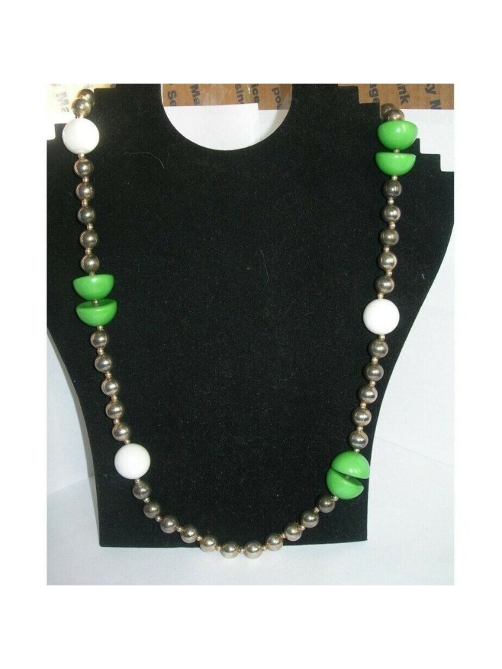 Vintage 30.5" Chunky Mod Necklace | Large 1" Green & White Beads | Silver Spacer